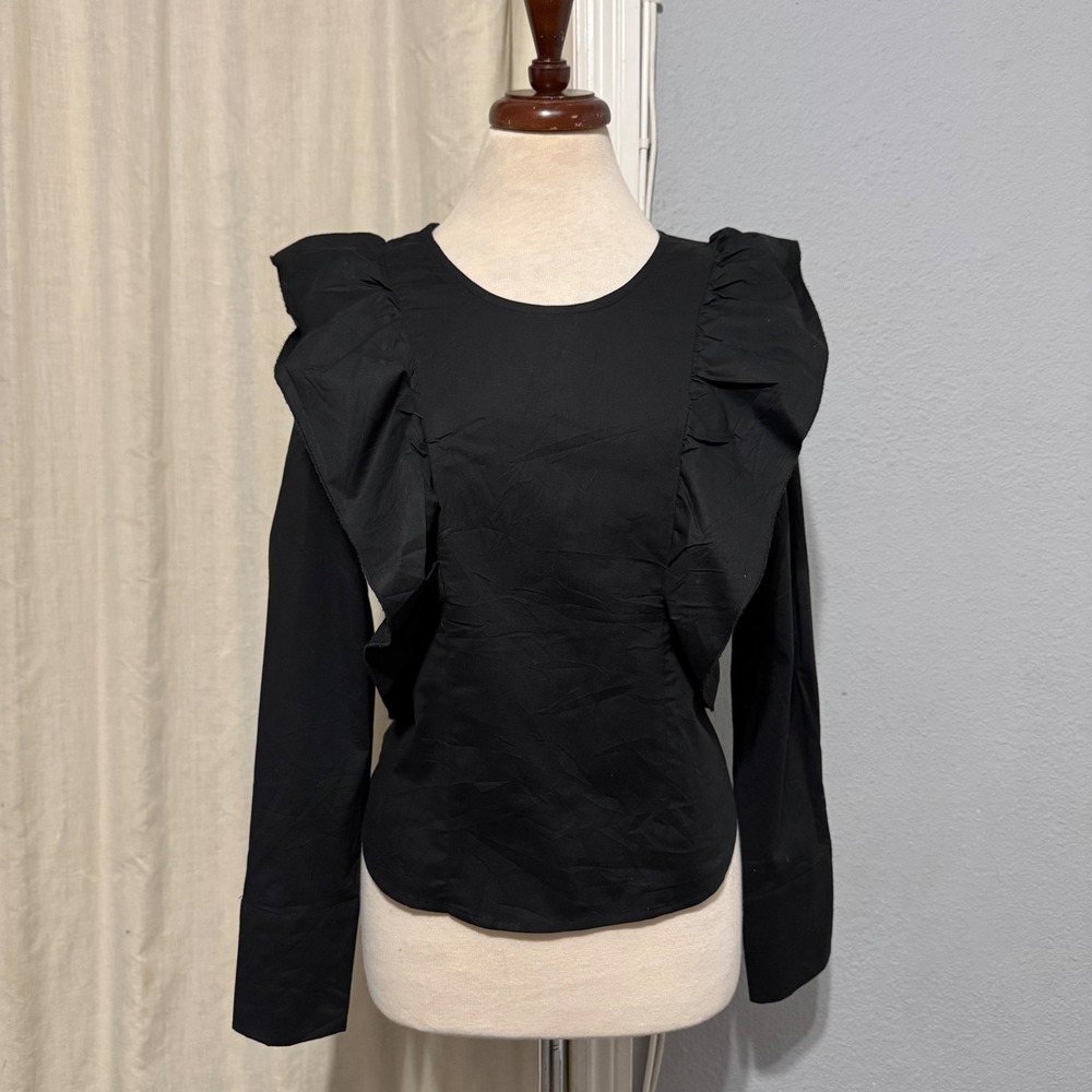 New DREW Black‎ Ruffle Shoulder Long Sleeve Whimsigoth Top Women M Cottagecore